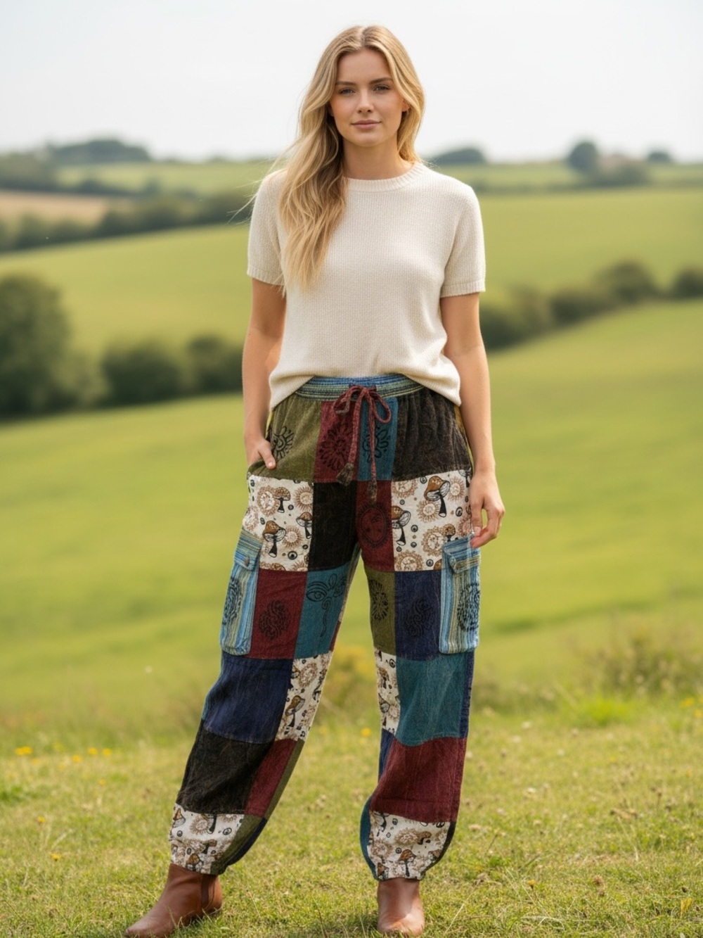 Rising International Patchwork Track Pants in Teal, Navy, Burgundy & Cream
